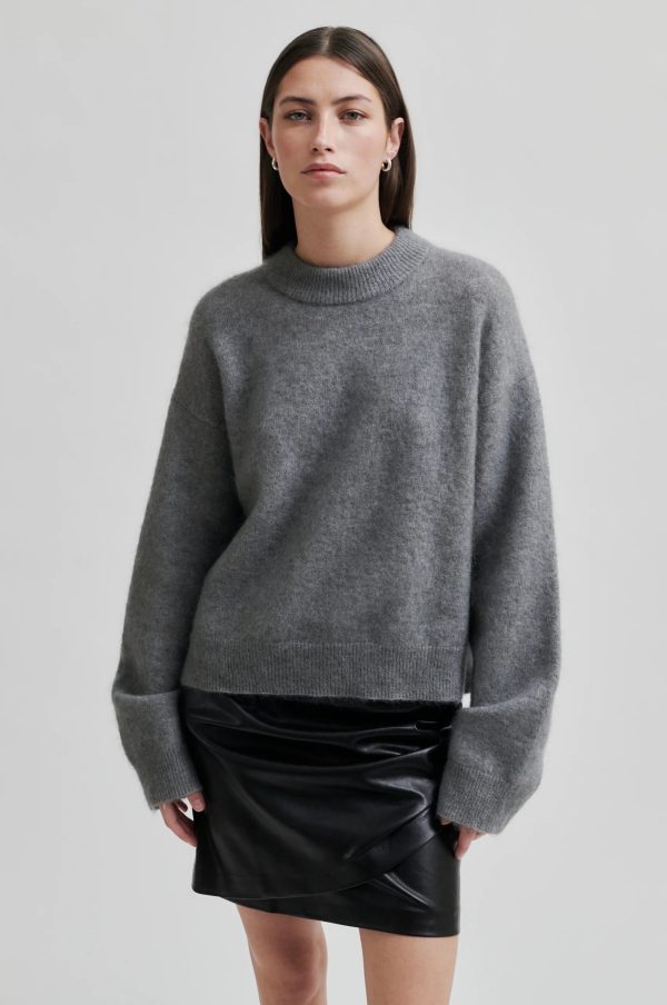 SECOND FEMALE | JERSEY MUJER | BROOK KNIT DROP SHOULDER O-NECK CHARCOAL GRAY | GRIS For Discount